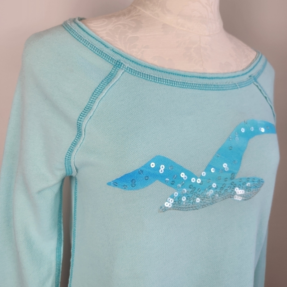 Y2K Vintage Hollister Lightweight Wide Neck Sweatshirt Lightblue Sequin Size S - Picture 4 of 15